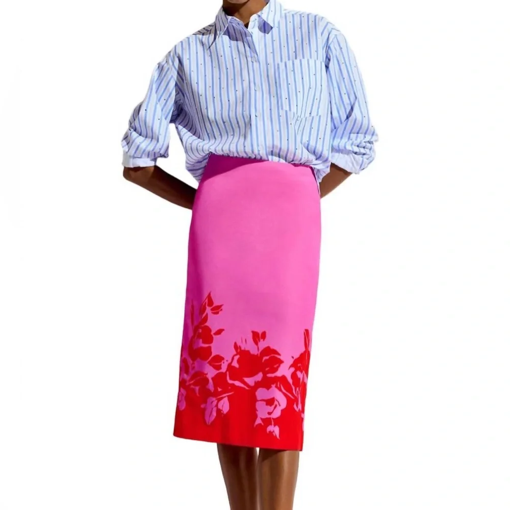 Bright Pink Midi A-Line Skirt with Red Floral Hem - Picture 2 of 8